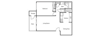 Floorplan of the Aspen style 1 bedroom 1 bathroom unit