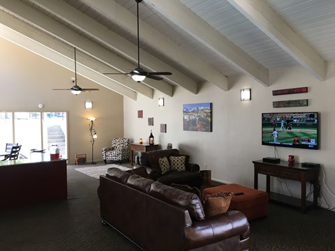 A living room with a brown leather couch and a television.