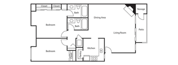 Floorplan of a 2 bedroom 2 bathroom unit