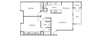 Floorplan of a 2 bedroom 1 bathroom unit