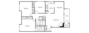 Floorplan of a 3 bedroom 2 bathroom unit