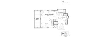 Floor plan of 302 (1 Bed + Den, 1 Bath) at SoHo Champagne 2