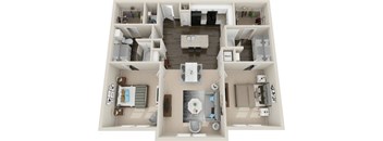 A top-down view of a modern apartment layout with a kitchen, living room, and bedroom.