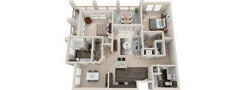 A 3D floor plan of a house with a kitchen, living room, and two bedrooms.