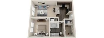 A 3D floor plan of a small apartment with a kitchen, living room, and bathroom.