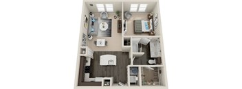 A top-down view of a small apartment with a kitchen, living room, and bedroom.