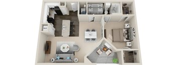 A top-down view of a modern apartment layout with a kitchen, living room, and bedroom.