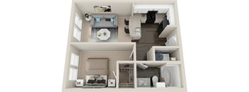 A 3D rendered image of a modern apartment layout.
