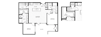 A floor plan of a house with a living room, dining room, kitchen, and two bathrooms.
