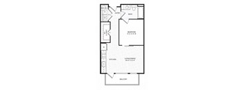A floor plan of a small apartment with a bedroom, living/dining area, kitchen, and balcony.