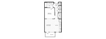 A floor plan of a house with a balcony, living/dining area, kitchen, and bathroom.