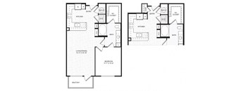 A floor plan of a two-bedroom apartment with a living room, kitchen, and bathroom.