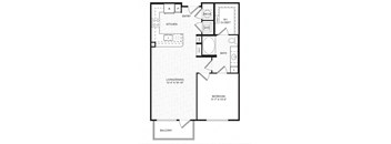 A black and white image of a house floor plan with a living/dining area, kitchen, bath, bedroom, and balcony.