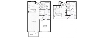 A floor plan of a two-bedroom apartment with a living room, kitchen, and bathroom.