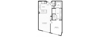A black and white image of a floor plan for a living space.
