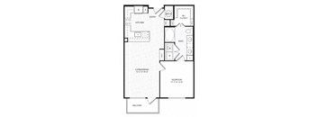 A black and white image of a floor plan for a home with a kitchen, living room, and bedroom.