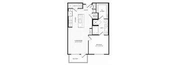 A black and white image of a floor plan for a home with a living room, dining room, kitchen, bathroom, and two bedrooms.