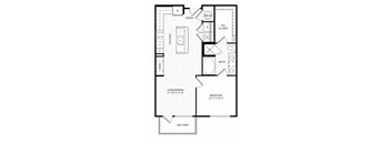A black and white image of a floor plan for a small apartment.