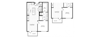 A floor plan of an apartment with two bedrooms, a living area, a balcony, a kitchen, a dining room, and a bathroom.