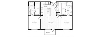 A black and white image of a floor plan for a two bedroom apartment.