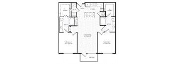 A black and white image of a house floor plan with two bedrooms, a living room, a kitchen, a bathroom, a utility closet, and a balcony.