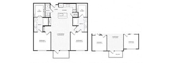 A floor plan of a house with two bedrooms, two bathrooms, a living room, a kitchen, a dining room, and a garage.