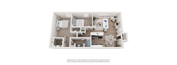 A top-down view of a well-organized apartment with a bedroom, living room, kitchen, and bathroom.