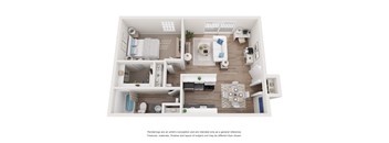 A top-down view of a modern, minimalist living space with a kitchen, dining area, and bathroom.