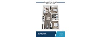 A floor plan of a two bedroom, two bathroom apartment at Bloomfield Villas.