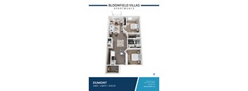 A floor plan of a 2 bedroom, 2 bathroom apartment with a living room, kitchen, and dining area.