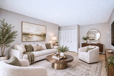 A living room with a white couch, a coffee table, and a painting on the wall.