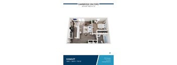 3D floor plan of one bedroom apartment layout at Cambridge on Ford Apartments, Michigan, 48187