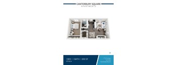 One bedroom floor plan 3D rendering style a at Canterbury Square Apartments, Troy, MI 48083