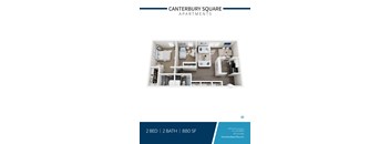 Two bedroom two bath floor plan 3D rendering at Canterbury Square Apartments, Troy