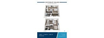 Two bedroom townhome floor plan upper and lower levels at Canterbury Square Apartments, Michigan, 48083