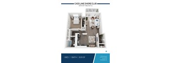 A floor plan of a one bedroom apartment with one bathroom at the Cass Lake Shore Club.
