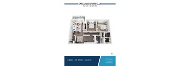 A floor plan of a 2 bedroom apartment with 1.5 bathrooms at the Cass Lake Shore Club.