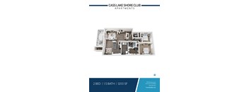 A floor plan of a 2 bedroom apartment with 1.5 bathrooms at the Cass Lake Shore Club.