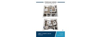 A blue and white image of a two bedroom apartment for rent.
