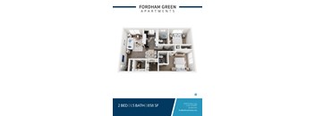 Apartment layout for Fordham Green Apartments showing a 2 bedroom apartment with 1.5 baths and 858 square feet.