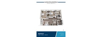 A floor plan of a 3 bedroom, 2 bathroom apartment at Glen of Bloomfield Apartments.