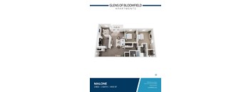 A floor plan of a two bedroom apartment with two bathrooms at the Glens of Bloomfield Apartments.