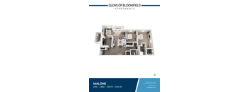 3D floorplan of two bedroom two bathroom den at Glens of Bloomfield Apartments, Bloomfield Hills
