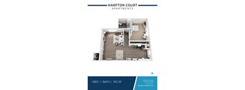 A Hampton Court Apartments floor plan shows a one bedroom apartment with a bathroom.