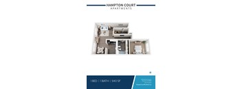 A Hampton Court Apartments floor plan shows a one bedroom apartment with a 1 bath.