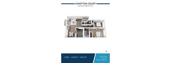 Apartment layout for Hampton Court Apartments showing a 2 bedroom, 2 bathroom apartment.