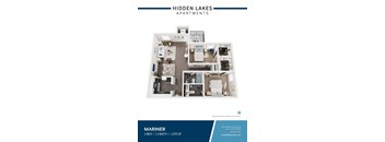 Apartment layout for Hidden Lakes Apartments showing a 2 bedroom apartment with 1.5 baths.