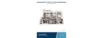 A floor plan of a 2 bedroom apartment with 1 bathroom at Hidden Lakes Apartments.