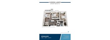 A floor plan of a 2 bedroom apartment with 1 bathroom at Hidden Lakes Apartments.