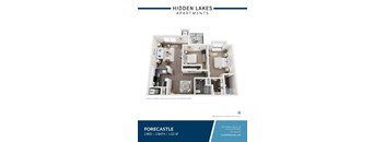 A floor plan of a 2 bedroom, 2 bathroom apartment at Hidden Lakes Apartments.